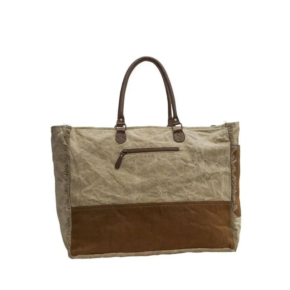 Myra Bag Handmade Winsta Weekender Bag Upcycled Canvas & Cowhide Leather